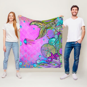 Couverture Polaire Sirènes & Coquillages sous la mer rose scintillant