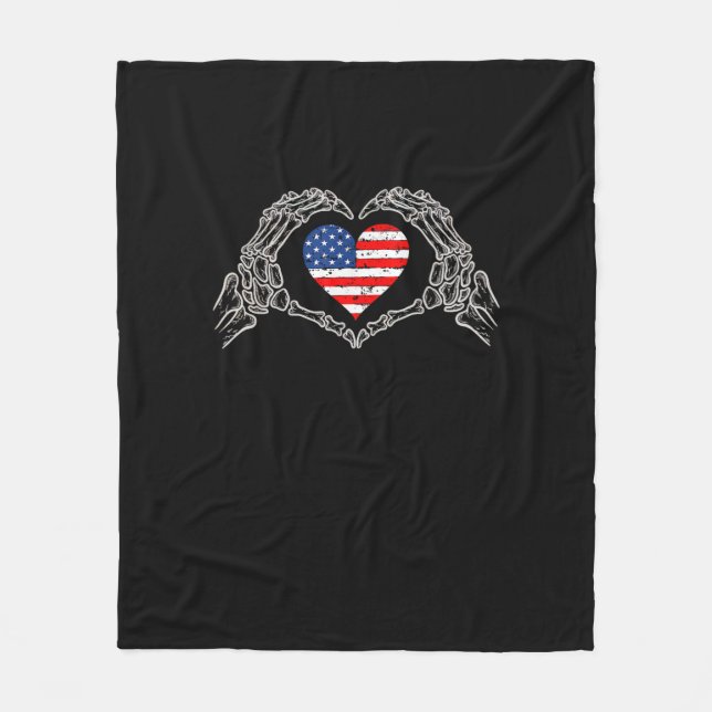 Couverture Polaire Skeleton Hand Heart 4e Du Drapeau Américain Patrio (Devant)