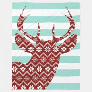 Couverture Polaire Snowflakes Red Deer Blue Stripes Blanche