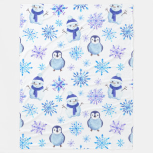 Couverture Polaire Snowflakes, Snowmen et Pingouins de Noël