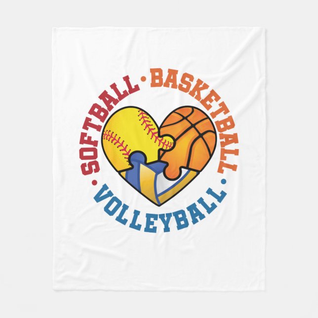 Couverture Polaire Softball Basketball Volleyball Coeur Trois Sports (Devant)