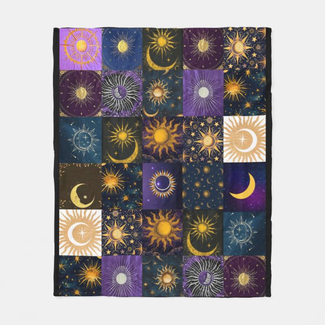 Couverture Polaire Soleil céleste Phases lunaires Patchwork Boho Myst (Devant)