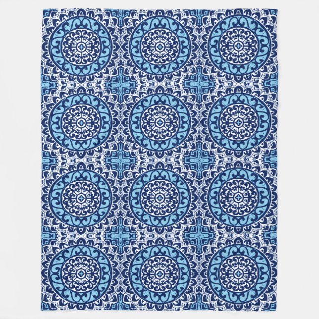 Couverture Polaire Soleil Sud-Ouest Mandala Batik, bleu marine et bla (Devant)