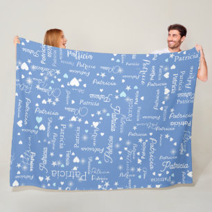 Couverture Polaire Son nom & Coeurs cornflower bleu girly