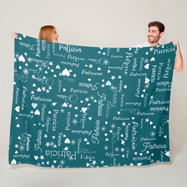 Couverture Polaire Son nom & Coeurs girly bleu turquoise (En situation)