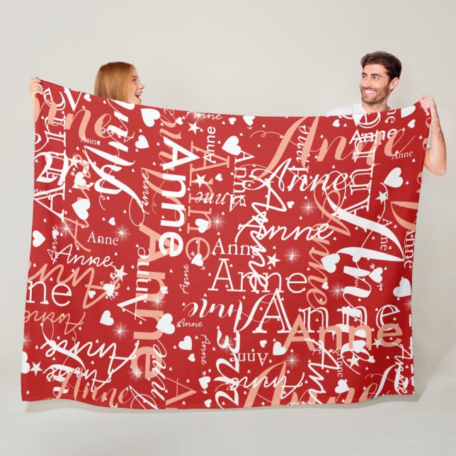 Couverture Polaire Son nom & cœurs mignons partout rouge chaud (En situation)