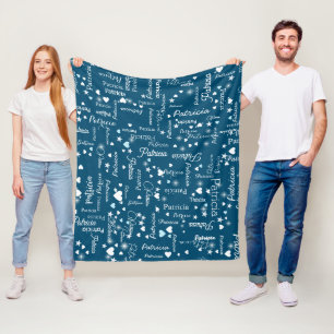 Couverture Polaire Son nom & Coeurs Ocean-Blue romantique