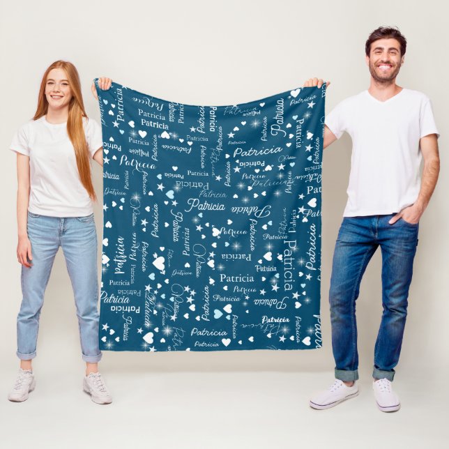 Couverture Polaire Son nom & Coeurs Ocean-Blue romantique (En situation)