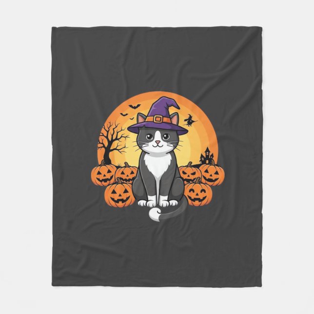 Couverture Polaire Sorcière de Halloween Chat Citrouille Lune Dessin_ (Devant)