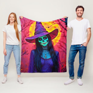 Couverture Polaire Sorcière d'Halloween avec conception de visage crâ
