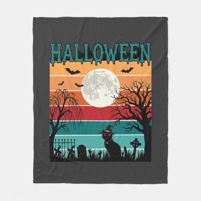 Couverture Polaire Sorcière d'Halloween Chat Toile d'Araignée Lune Ci (Devant)
