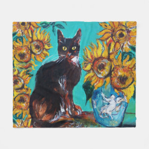 COUVERTURE POLAIRE SOUCHES AVEC CHAT NOIR EN TURQUOISE BLEUE