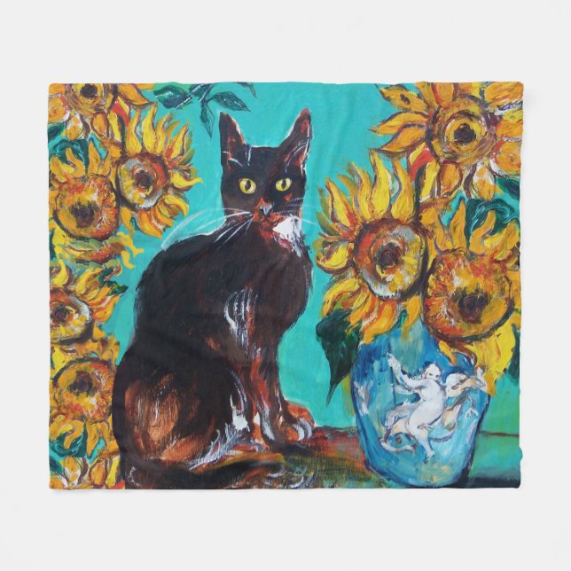 COUVERTURE POLAIRE SOUCHES AVEC CHAT NOIR EN TURQUOISE BLEUE (Devant (Horizontal))