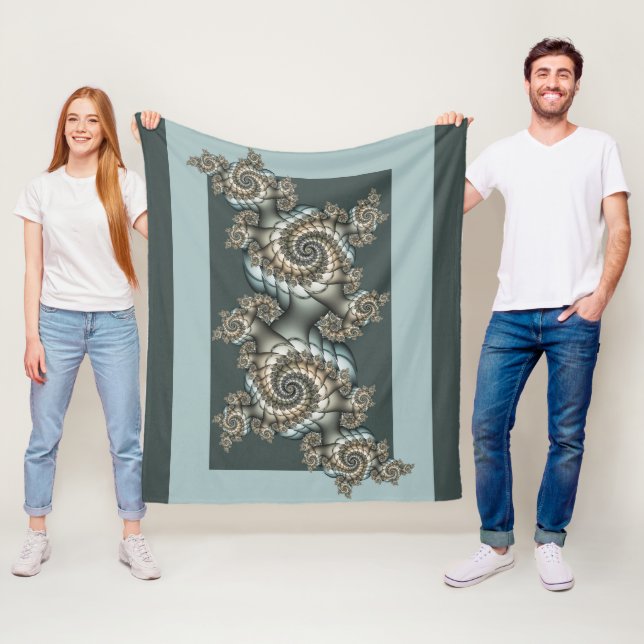 Couverture Polaire Spirales d'art fractal beige abstrait bleu clair (En situation)