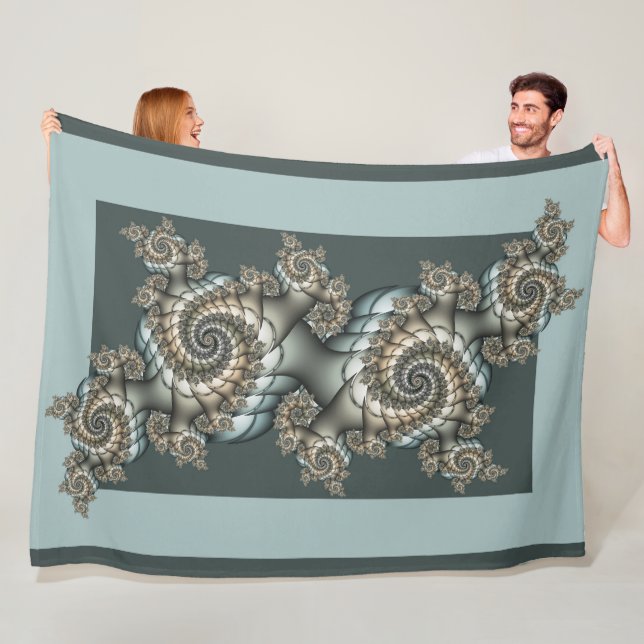 Couverture Polaire Spirales d'art fractal beige abstrait bleu clair (En situation)