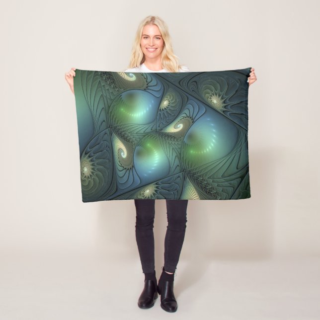 Couverture Polaire Spirales Turquoise Beige Vert Abstrait Fractal Art (En situation)