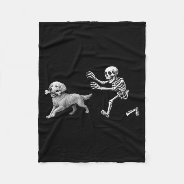 Couverture Polaire Squelette drôle poursuivant Retriever doré Hallowe (Devant)
