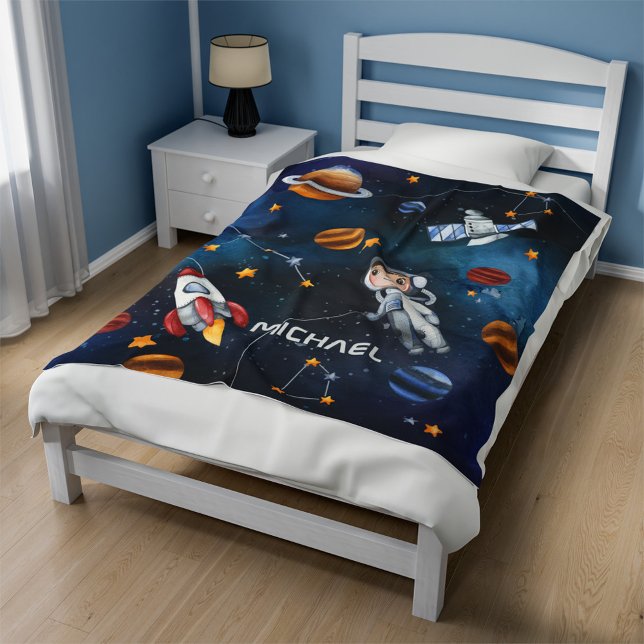 Couverture Polaire Stars de lune de l'astronaute spatiale personnalis (Outer Space Astronaut Boy Personalized Sherpa Blanket)