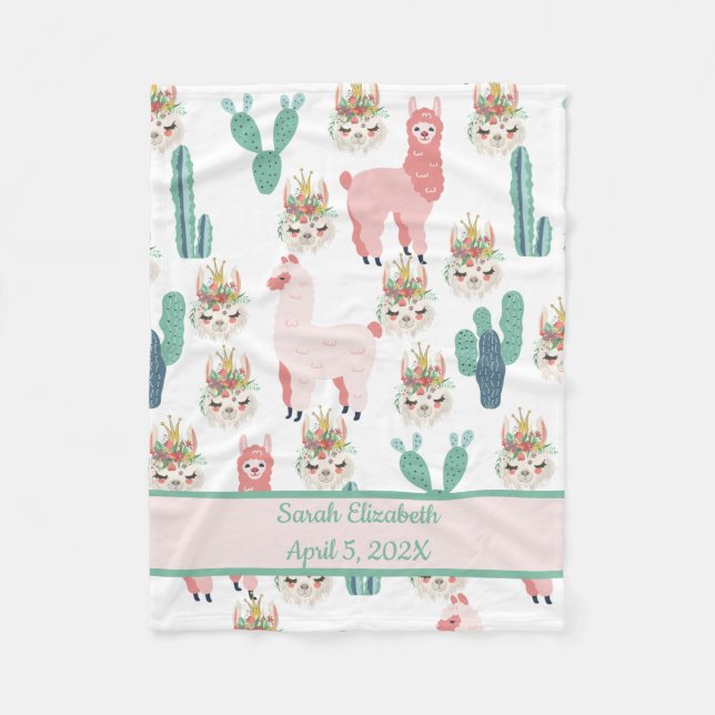 Couverture Polaire Statistiques Bébé Cute Rose Llama et Green Cactus  (Devant)