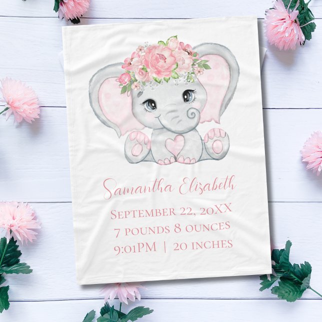 Couverture Polaire Statistiques de naissance Éléphant bébé rose Bébé  (Pink elephant Personalized Birth Stats baby blanket. Gift for Baby girl.)