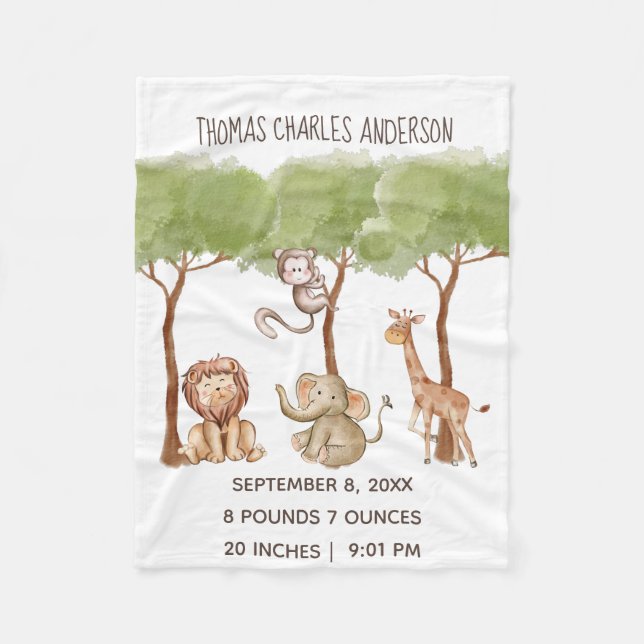 Couverture Polaire Statistiques de naissance Forêt Jungle Safari Anim (Devant)