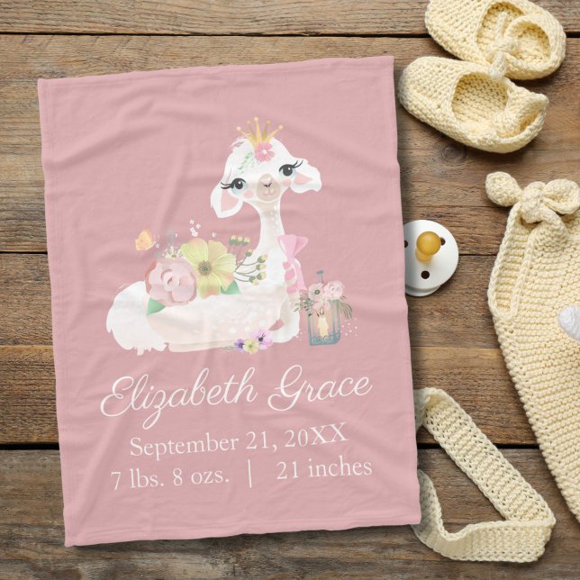 Couverture Polaire Statistiques de naissance Lama Fleurs roses et bla (Pink Llama birth stats  baby blanket)