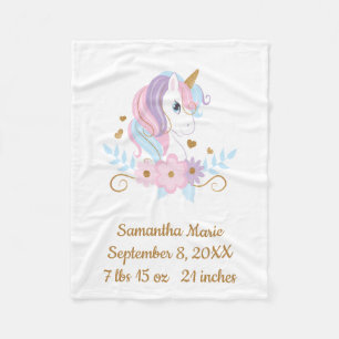 Couverture Polaire Statistiques de naissance Licorne Rose Bleu Or, Bé