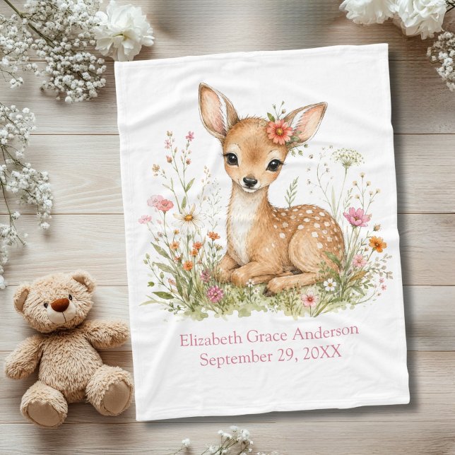 Couverture Polaire Statistiques de naissance Nom Date Cerf Bébé Fille (Baby Deer Wildflowers Baby Girl Birth Stats Baby Blanket. Baby shower new baby gift)