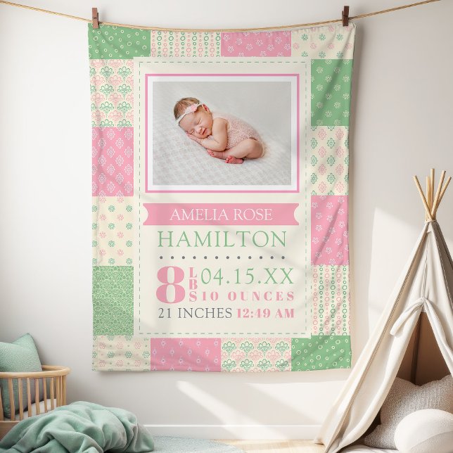 Couverture Polaire Statistiques de naissance rose et vert Photo Baby (Pink and Green Birth Stats Photo Baby Fleece Blanket)