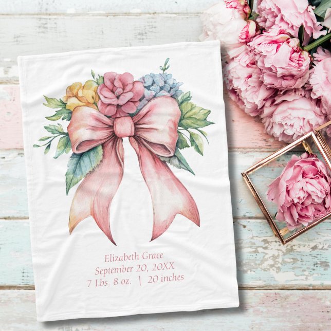 Couverture Polaire Statistiques de naissance Ruban rose Fleurs aquare (Pink Bow Watercolor Florals Birth Stats Baby girls baby blanket. Coquette Aesthetic)