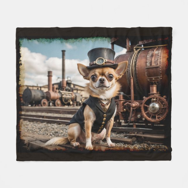 Couverture Polaire Steampunk Chihuahua et train (Devant (Horizontal))