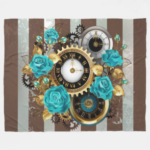 Couverture Polaire Steampunk Clock and Turquoise Roses on Striped