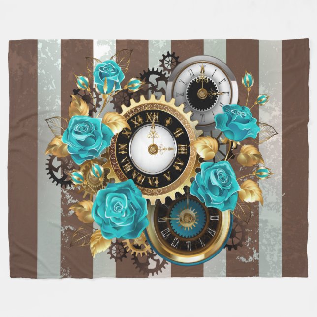 Couverture Polaire Steampunk Clock and Turquoise Roses on Striped (Devant (Horizontal))