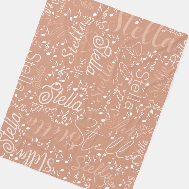 Couverture Polaire Stella nom personnalisé notes musicales boho rose (Créateur téléchargé)