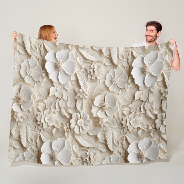 Couverture Polaire Style 3D élégant Embossé relief floral blanc (En situation)