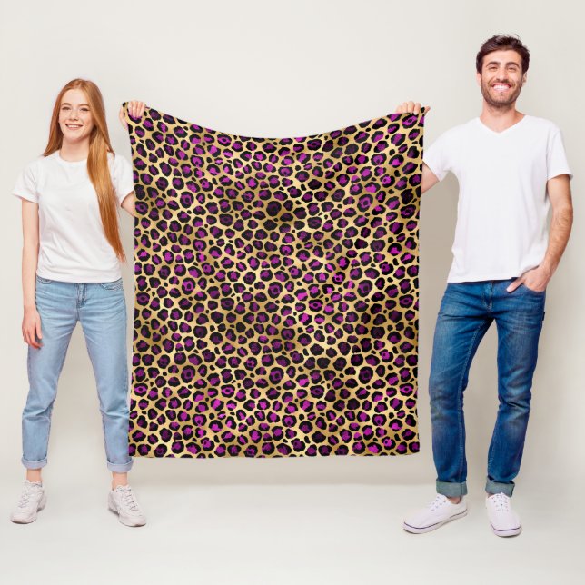 Couverture Polaire Stylish Black Purple and Gold Foil Leopard Spots (En situation)