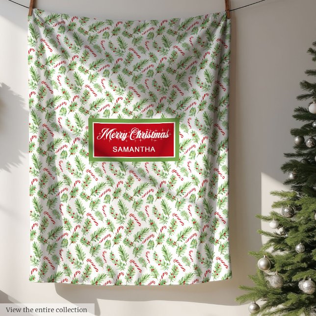 Couverture Polaire Sucres de canne de Noël aquarelle personnalisés (Watercolor Christmas candy canes personalized Fleece Blanket )