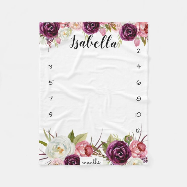 Couverture Polaire Suivi de croissance de jalon aquarelle fleurs rose (Devant)