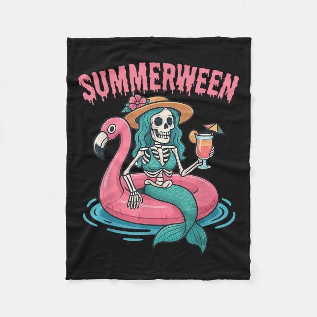 Couverture Polaire Summerween Mermaid Skeleton Beach Flamant rose Hal (Devant)