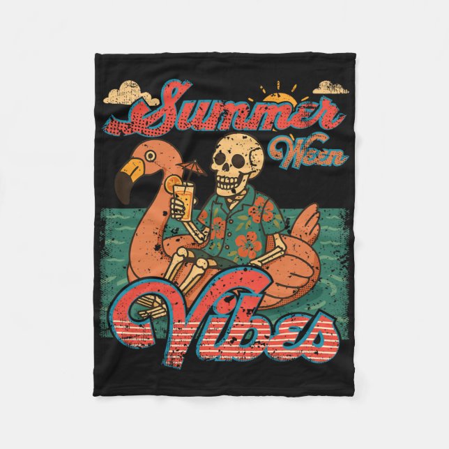 Couverture Polaire Summerween Vibes Skeleton Flamant rose Flotte été  (Devant)