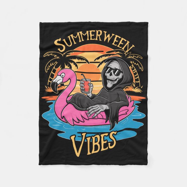 Couverture Polaire Summerween Vibes Skeleton Flamant rose Hallowee Éf (Devant)