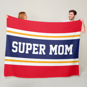 Couverture Polaire SUPER MAMAN Rouge Blanc Bleu Marine Rayures