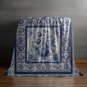 Couverture Polaire Superbe monogramme floral Bleu toile de jouy