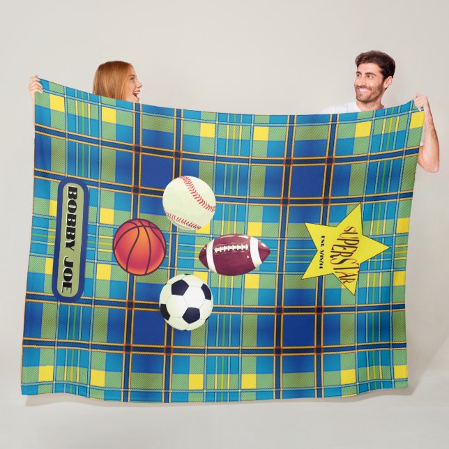 Couverture Polaire Superstar Tartan bleu jaune (En situation)