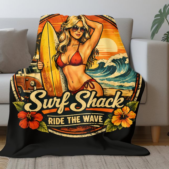 Couverture Polaire Surf Shack Surfer Pin-Up | Ride The Waves Beach (Créateur téléchargé)