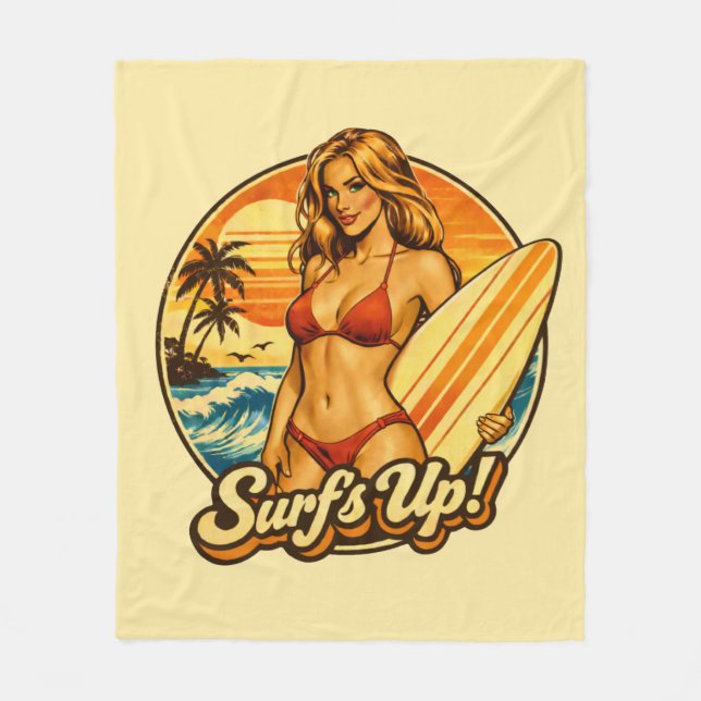 Couverture Polaire Surf's Up Bikini Pin-Up | Retro Surf Shop Graphic (Devant)