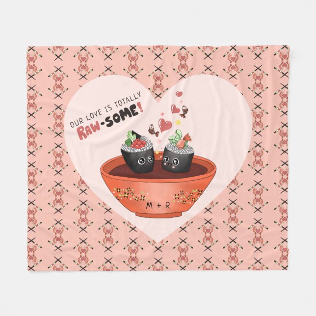 Couverture Polaire Sushi Kawaii rose mignon dans l'amour Saint Valent (Devant (Horizontal))