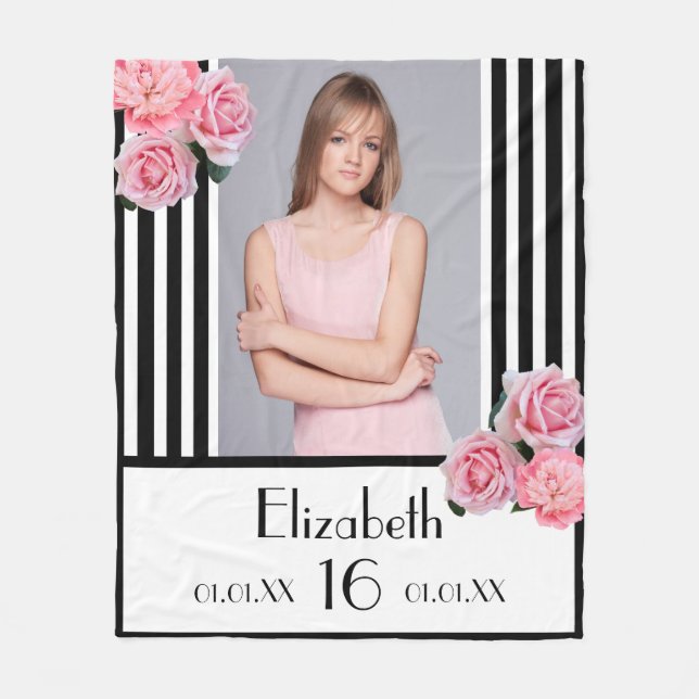 Couverture Polaire Sweet 16 rayures noires rose photo florale (Devant)