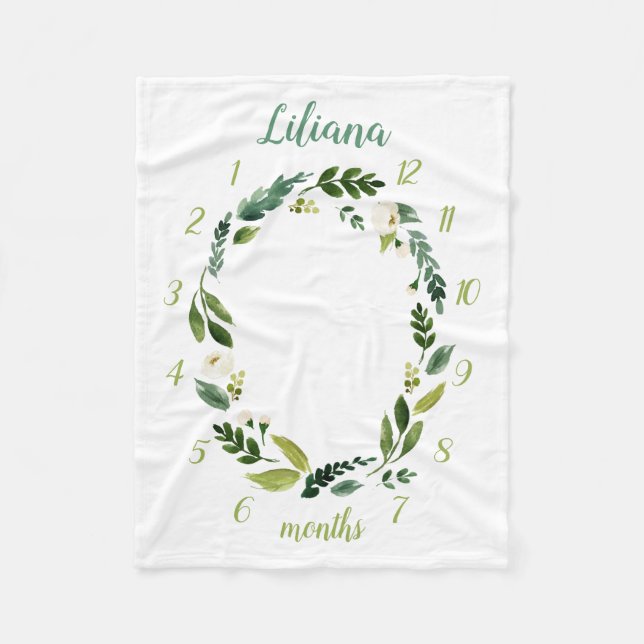 Couverture Polaire Sweet Greenery Baby Name Monthly Milestone Photo (Devant)