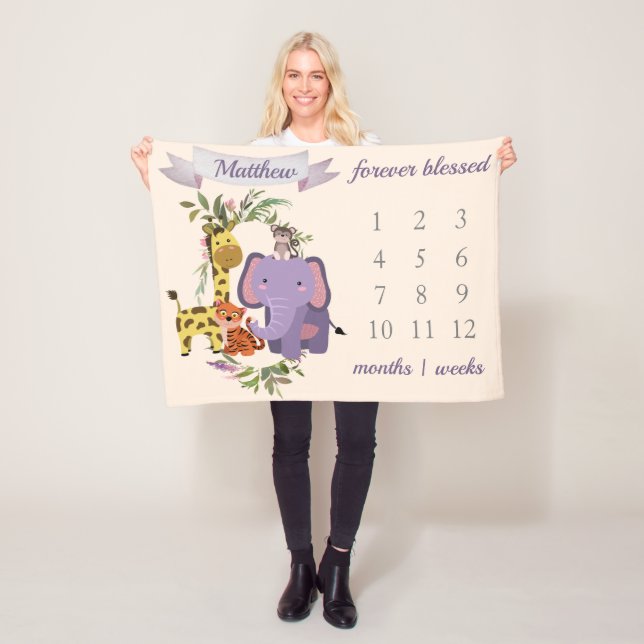 Couverture Polaire Sweet Jungle Safari Animaux Baby Boy Milestone (En situation)